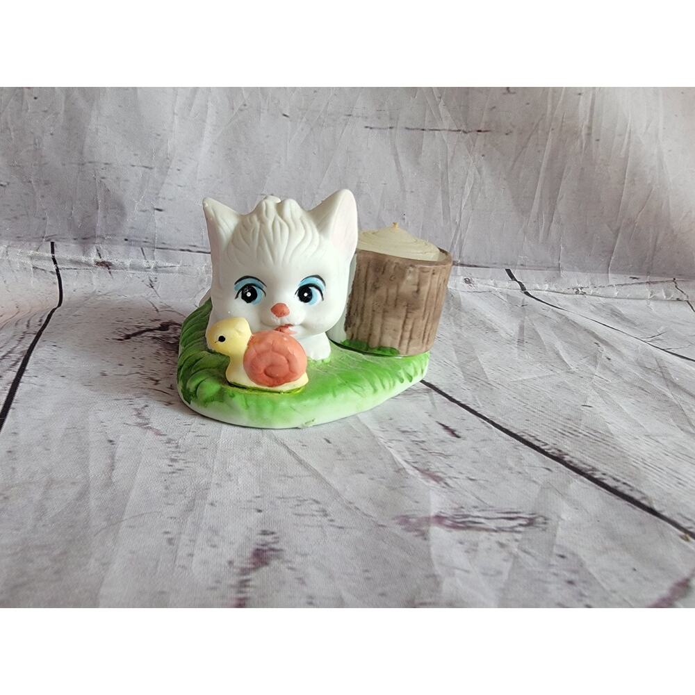 Vintage Cat Kitten Candle w Snail & Tree Stump Votive Candle Holder Figurine